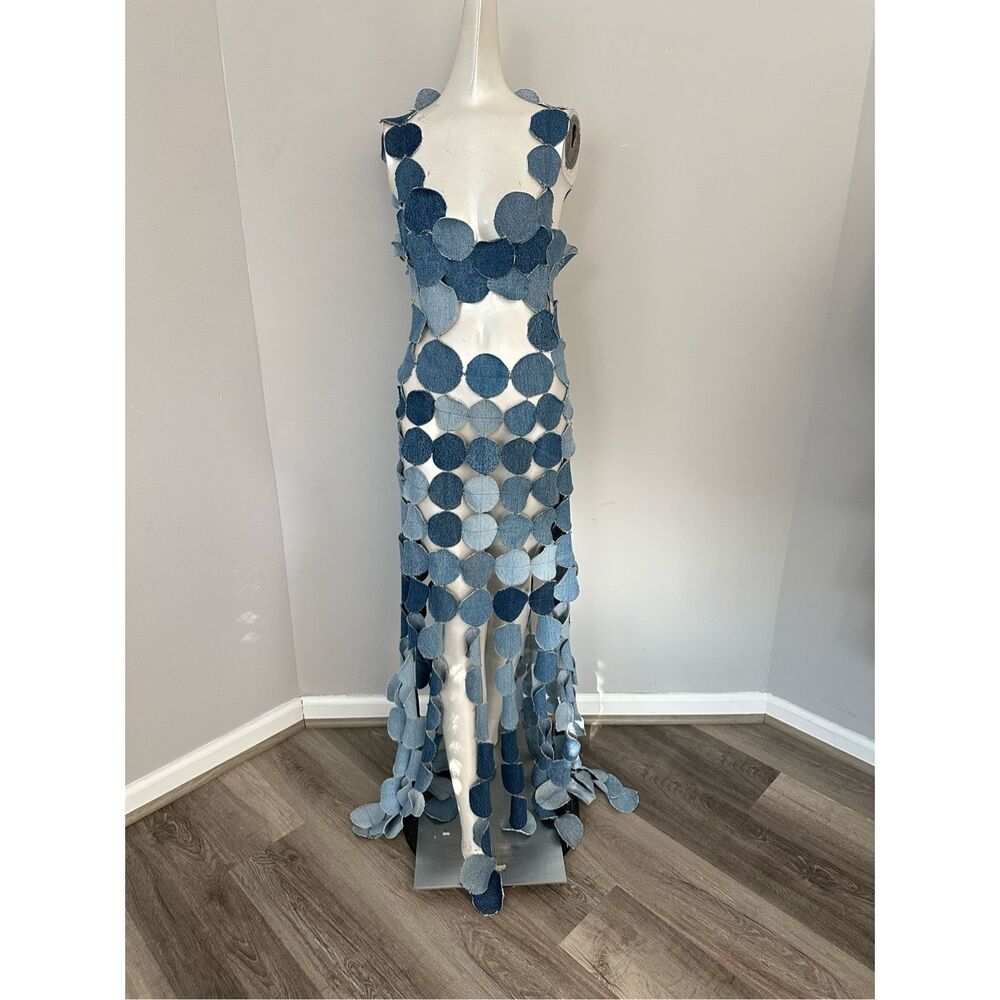 NWT A.W.A.K.E. MODE Upcycled Denim Multi Circle Dress FR 38 / US 4 $1415 - Picture 6 of 13